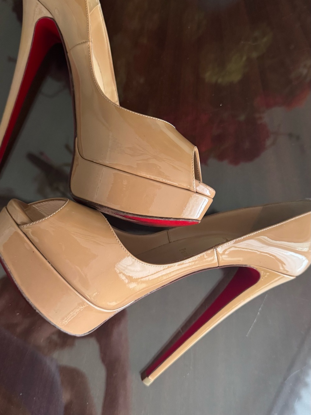 Christian Louboutin Nude Patent Peep-Toe Platform Pumps with Signature Red Soles